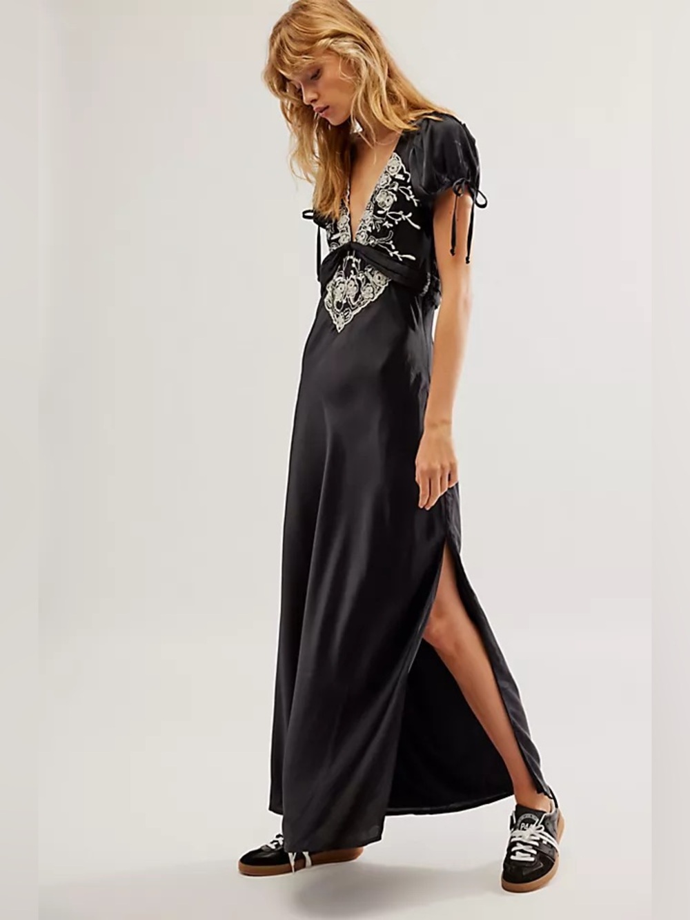 Free People Black Satin Embroidered V-Neck Maxi Slip